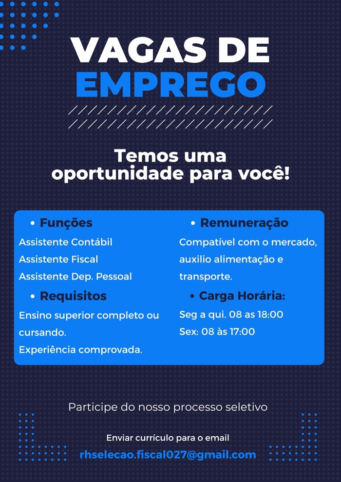 Vagas de Assistente Contábil e Assistente Fiscal