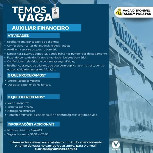 VIMINAS CONTRATA AUXILIAR FINANCEIRO