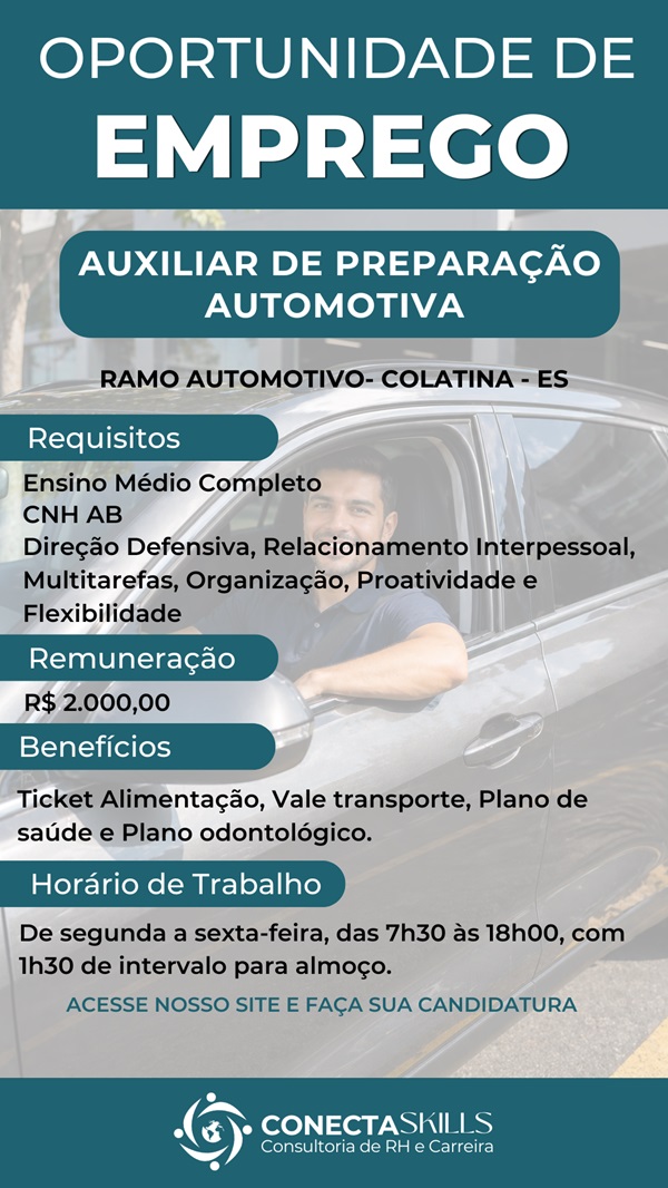 Auxiliar de Preparação Automotiva (Ramo Automotivo) – Colatina/ES