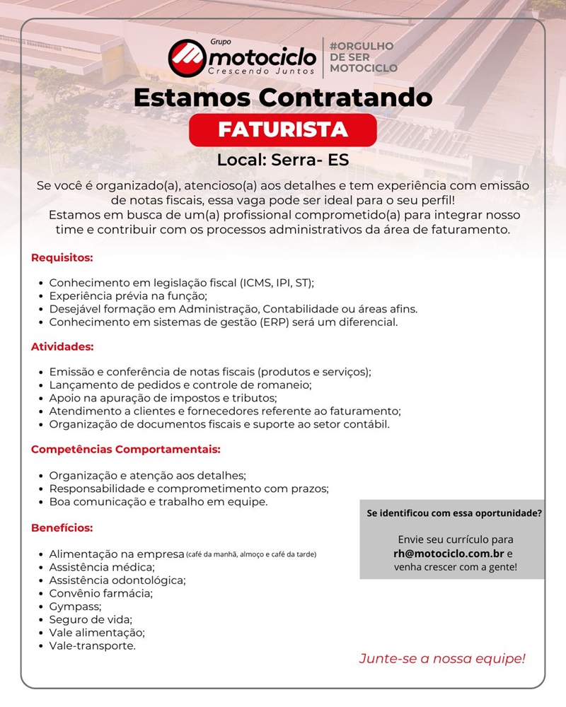 Grupo Motociclo contrata Faturista