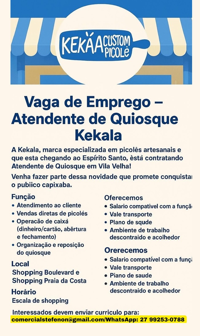 Kekala contrata Atendente de Quiosque