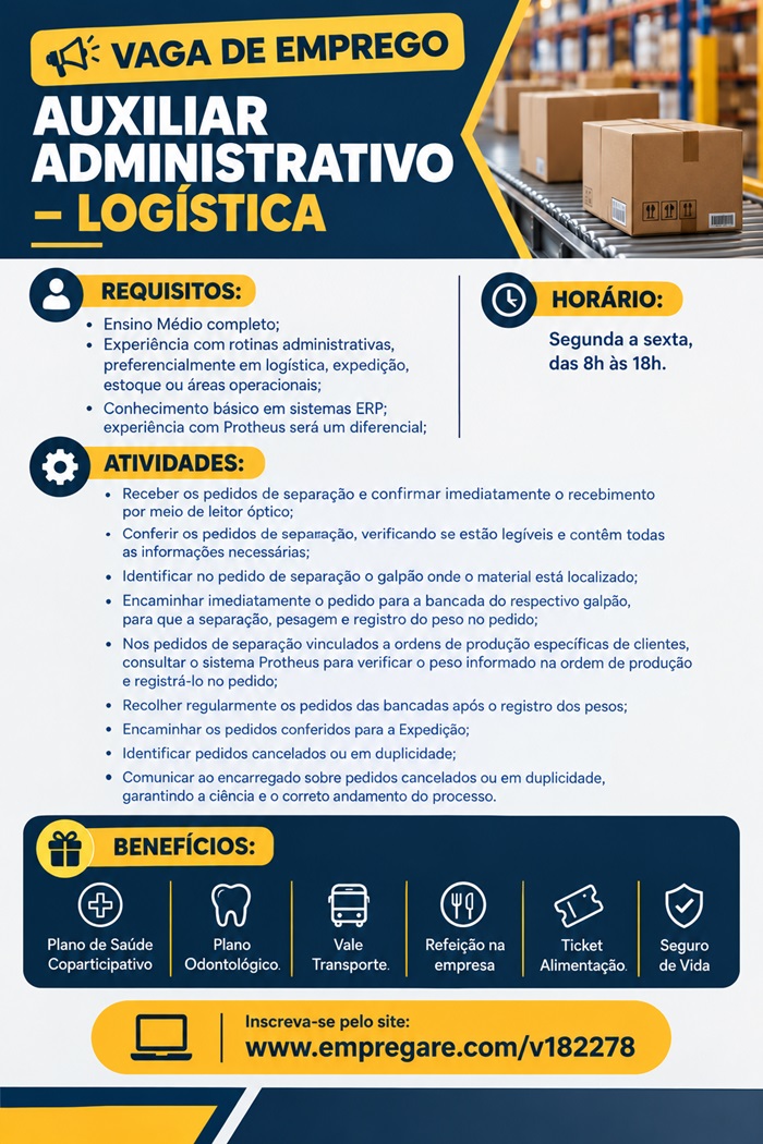 Vaga para Auxiliar Administrativo - Logística