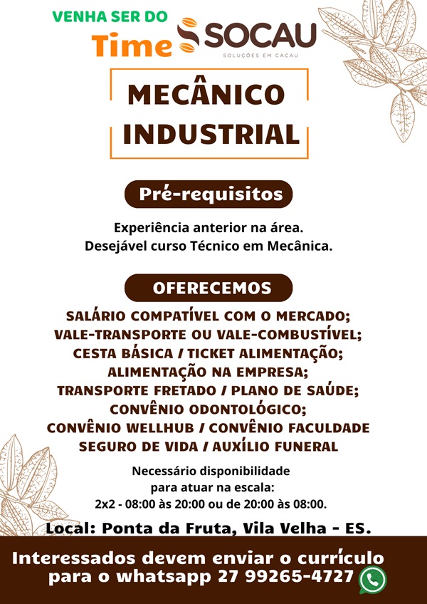 SOCAU contrata Mecânico Industrial