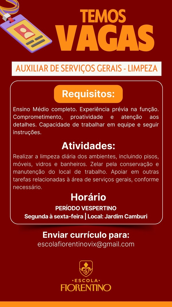 Vaga para Auxiliar de Serviços Gerais (Limpeza)