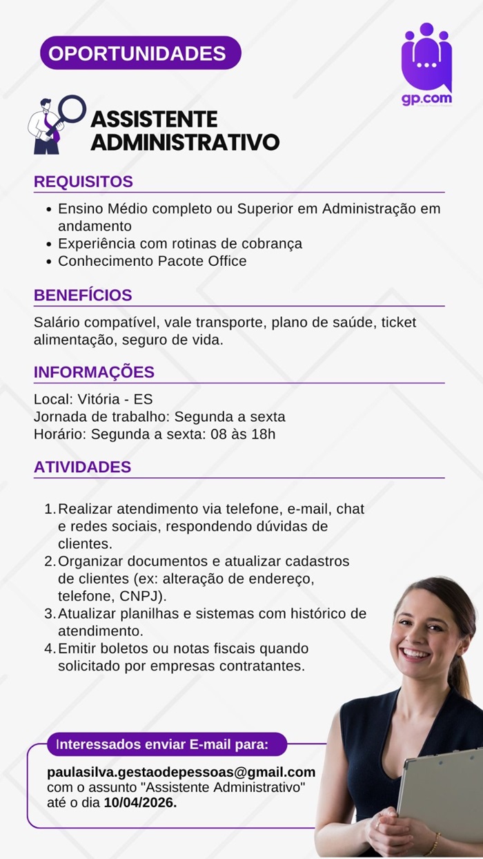 Vaga para Assistente Administrativo