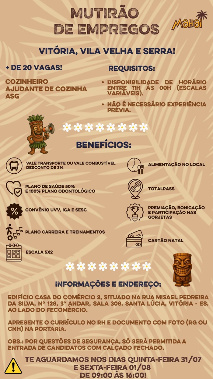 Restaurante Mahai realiza Mutirão de Empregos com mais de 50 vagas