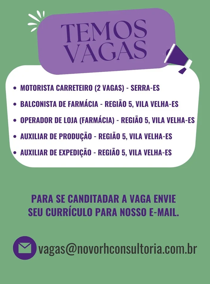 NOVO RH SELECIONA DIVERSOS PROFISSIONAIS