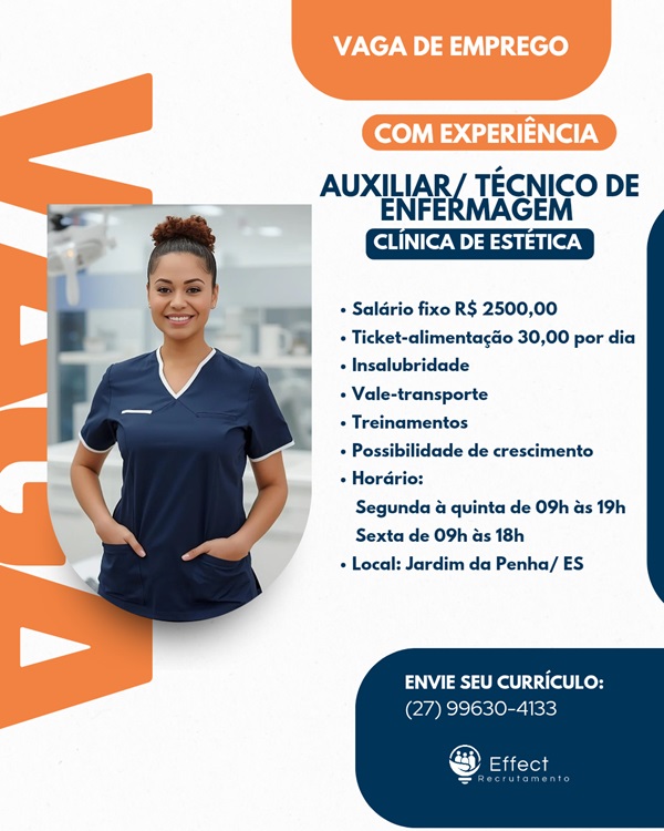 Clínica de Estética contrata Auxiliar/Técnico de Enfermagem