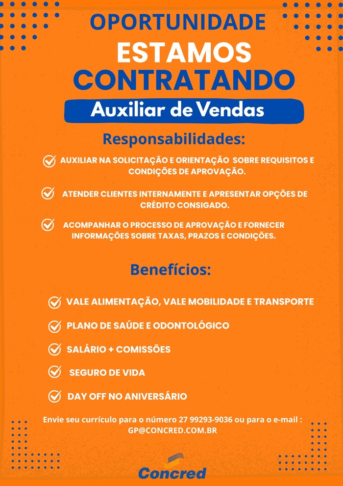 VAGA PARA AUXILIAR DE VENDAS INTERNO