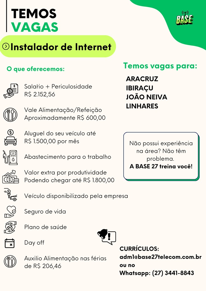 VAGAS DE INSTALADOR DE INTERNET