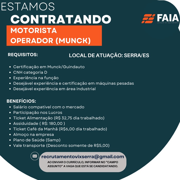 Vaga de Motorista Operador (Munck)