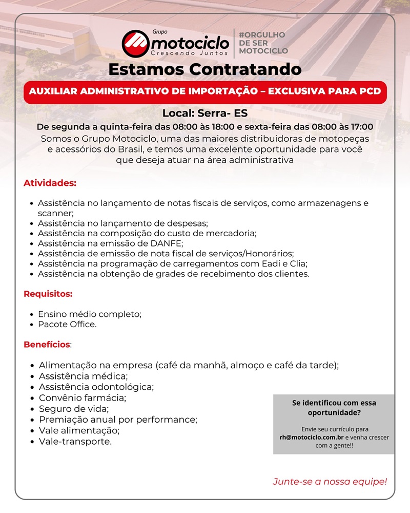 Grupo Motociclo contrata Auxiliar Administrativo de Importação - PCD