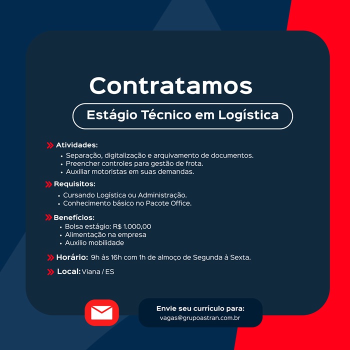  Grupo Astran contrata Estagiário(a) Técnico em Logística
