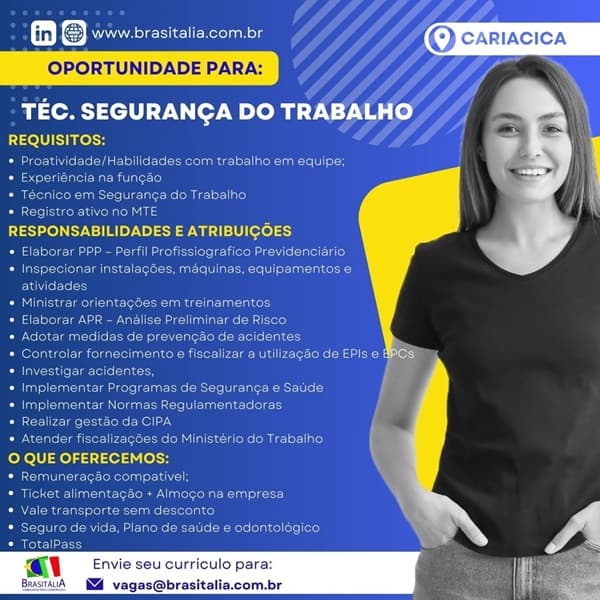 BRASITALIA CONTRATA TÉCNICO EM SEGURANÇA DO TRABALHO