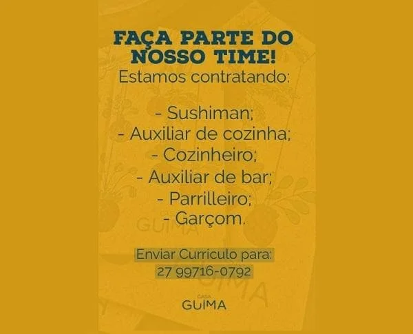 CASA GUIMA ABRE DIVERSAS VAGAS DE EMPREGO