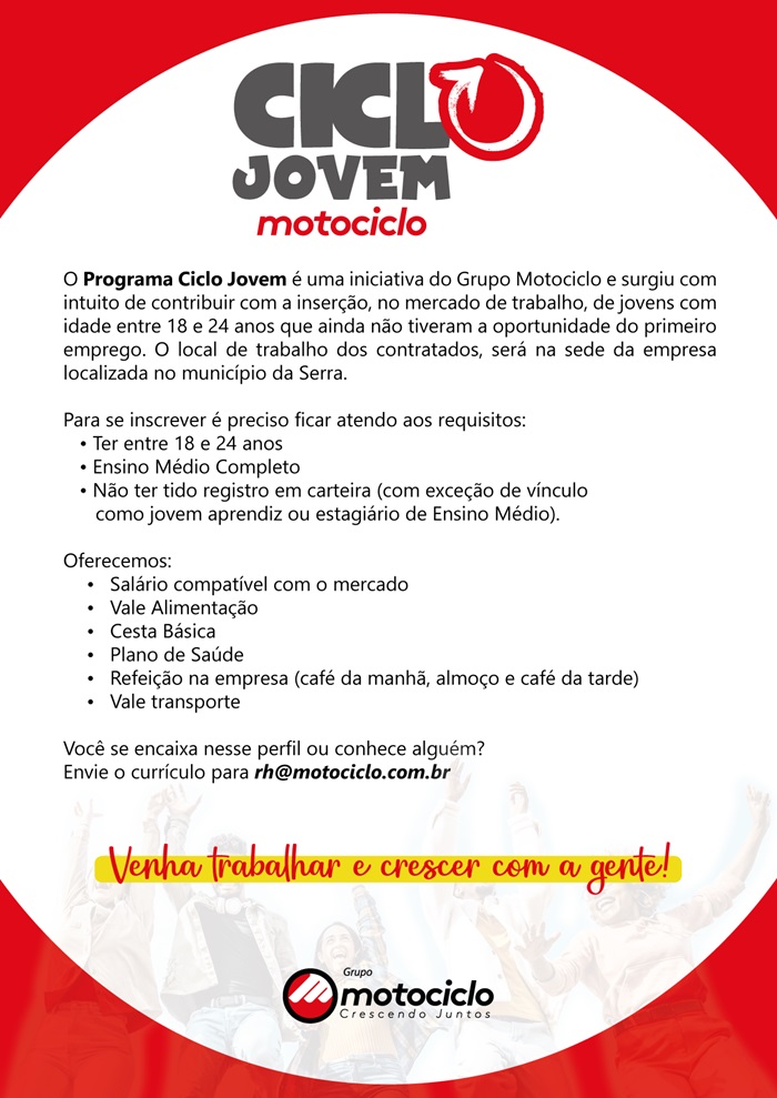 Grupo Motociclo contrata Jovem Aprendiz