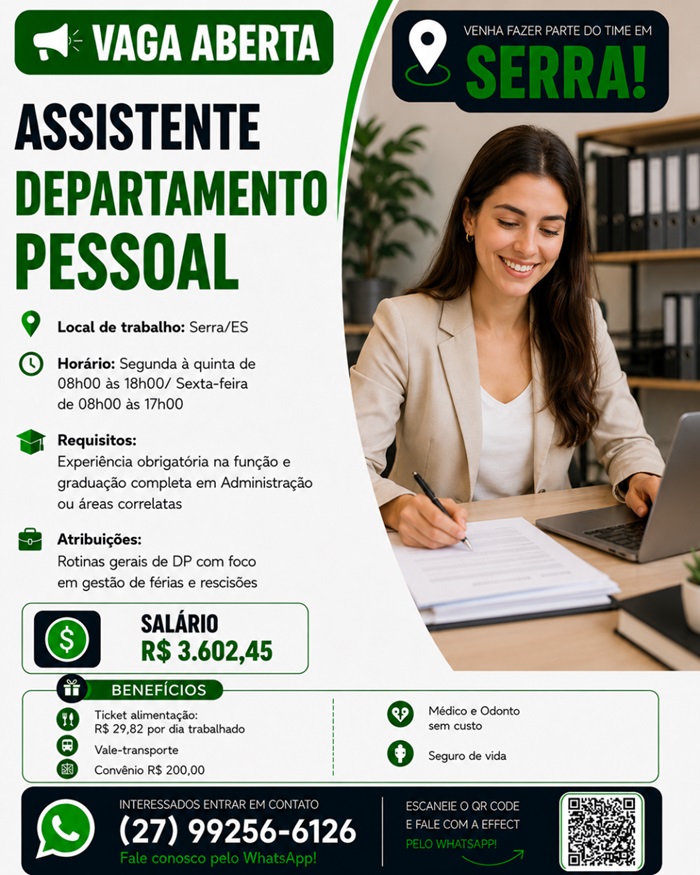 Vaga para Assistente de Departamento Pessoal (DP)