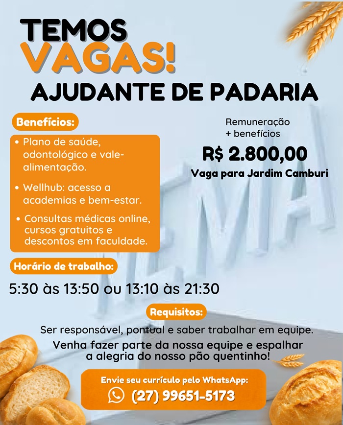Vaga para Ajudante de Padaria | Jardim Camburi