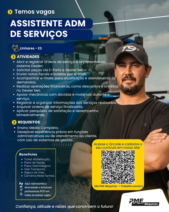 PME Máquinas contrata Assistente Administrativo de Serviços