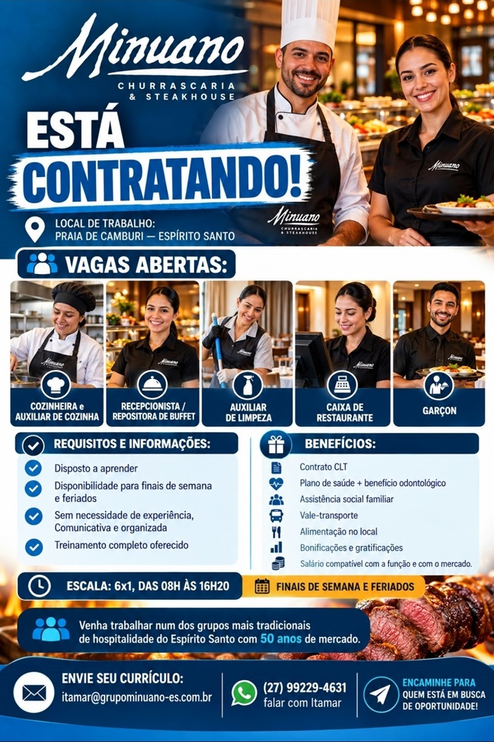 Churrascaria Minuano & Steakhouse abre vagas de Emprego