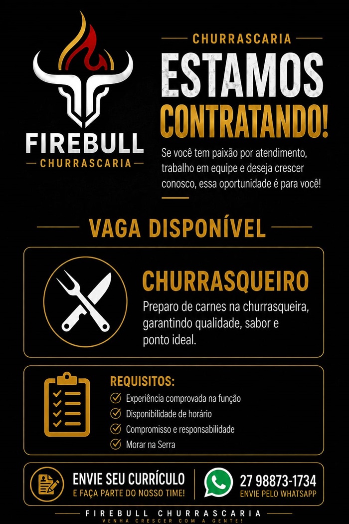 Firebull Steakhouse contrata Churrasqueiro