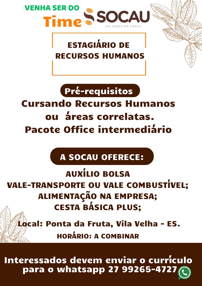 Socau abre Vaga para Estagiário de Recursos Humanos