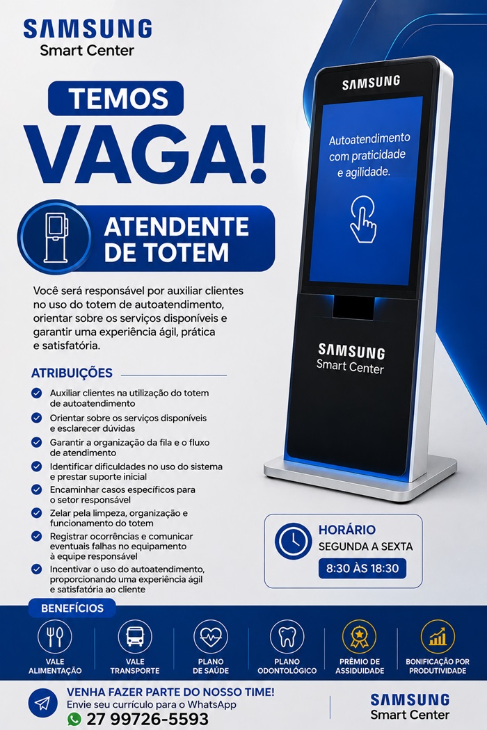  Samsung Smart Center contrata Atendente de Totem