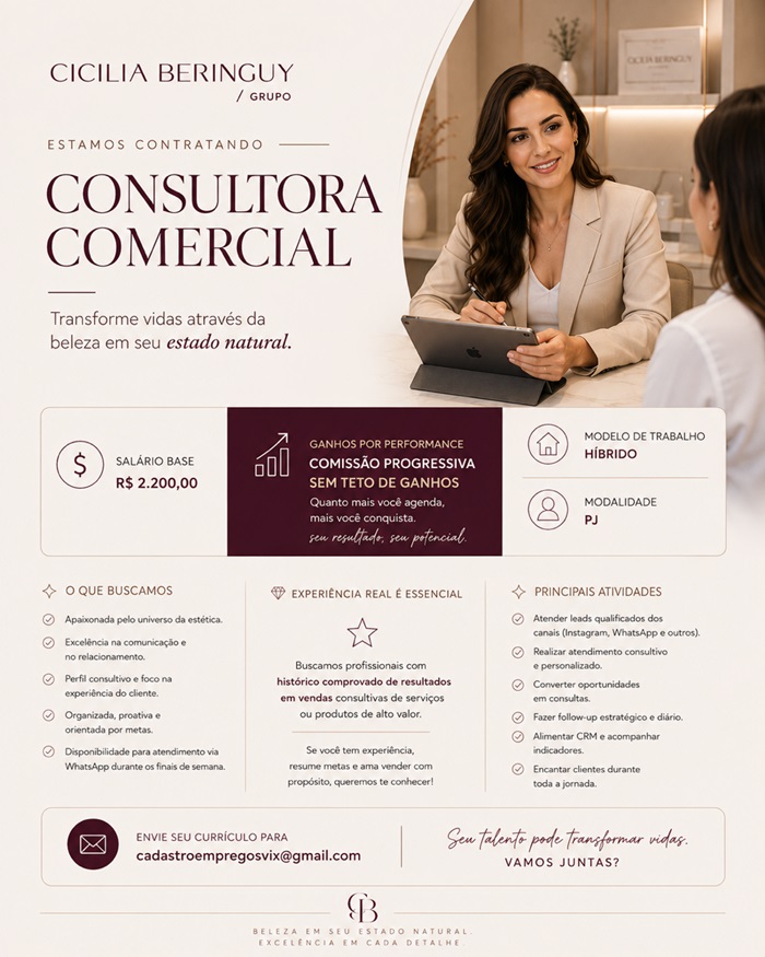 Clínica de Harmonização Facial contrata Consultora Comercial PJ