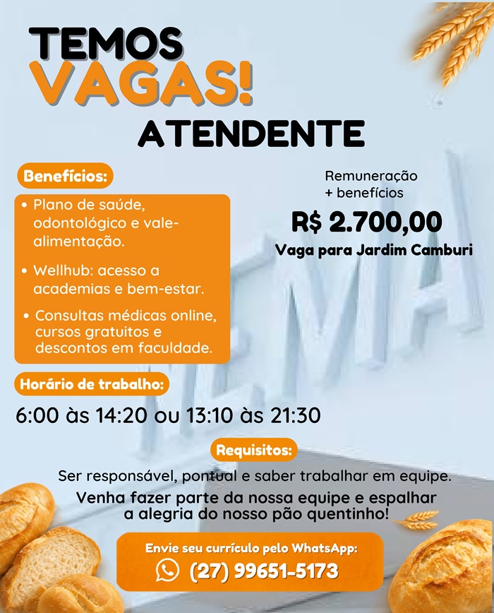 Vaga para Atendente de Padaria | Jardim Camburi