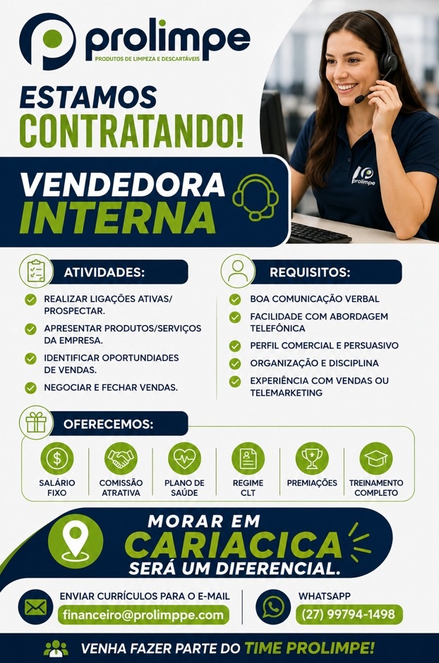 Prolimpe contrata Vendedora Interna