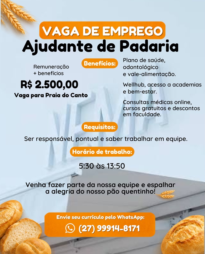 Vaga para Ajudante de Padaria | Praia do Canto