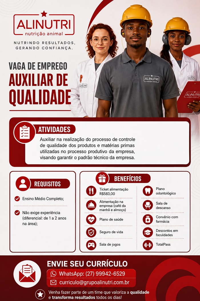 Grupo Alinutri contrata Auxiliar de Qualidade