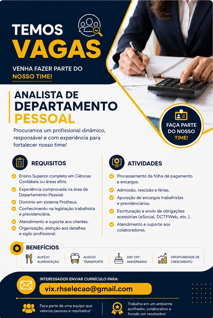 Vaga para Analista de Departamento Pessoal