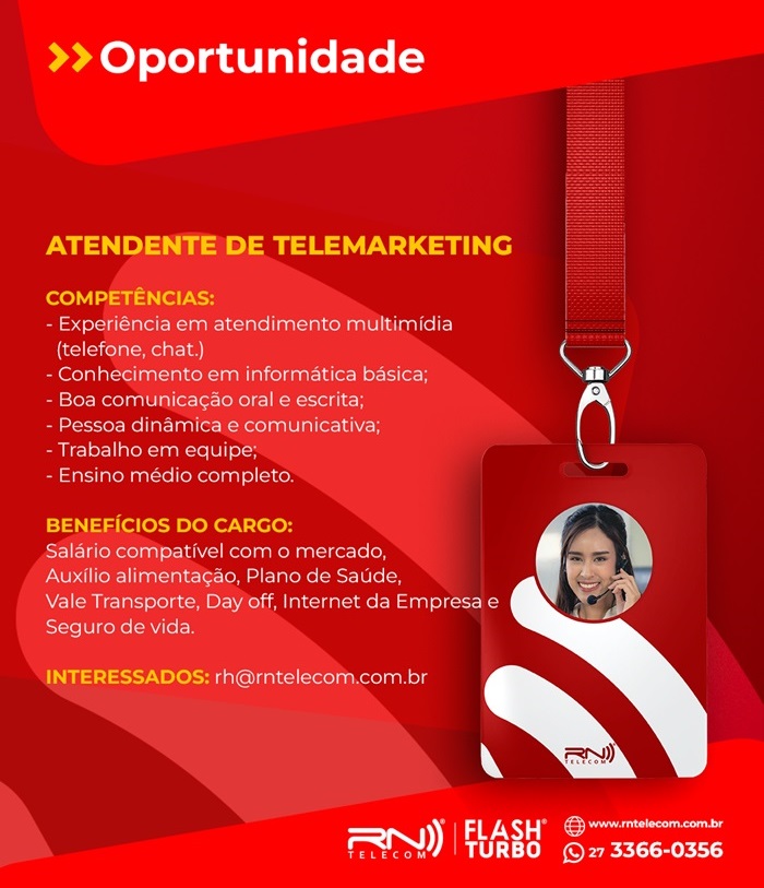 RN TELECOM CONTRATA ATENDENTE DE TELEMARKETING