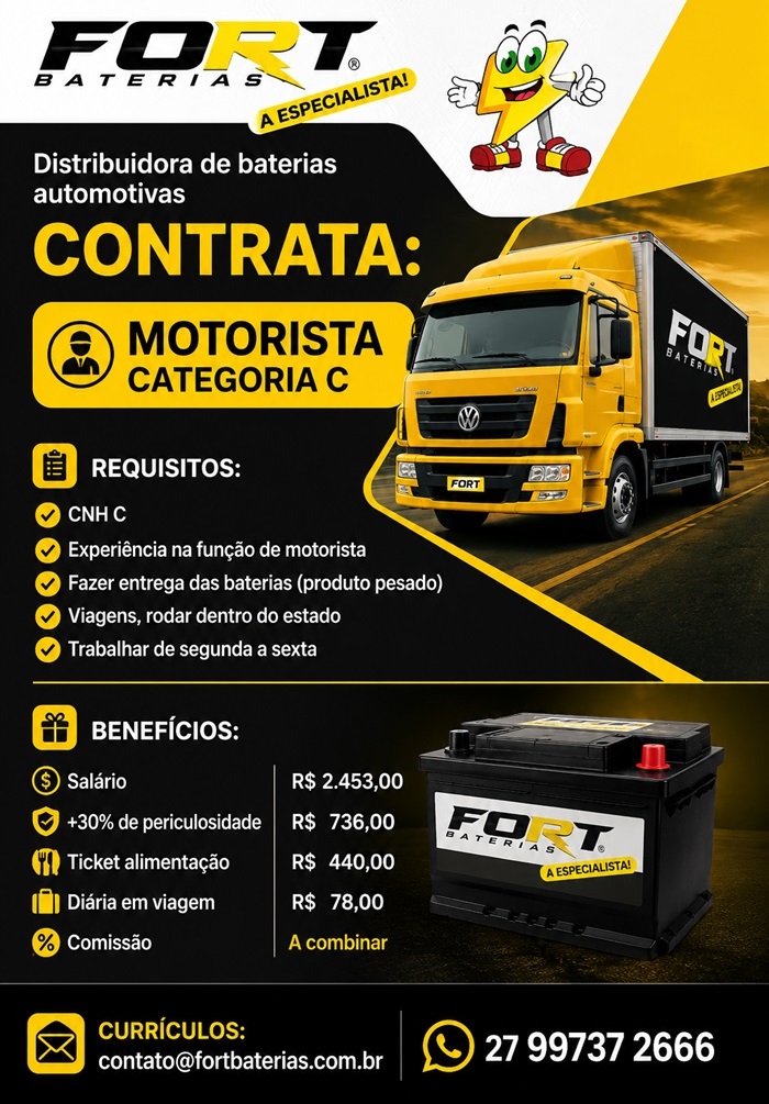 Distribuidora de baterias automotivas contrata Motorista categoria C 
