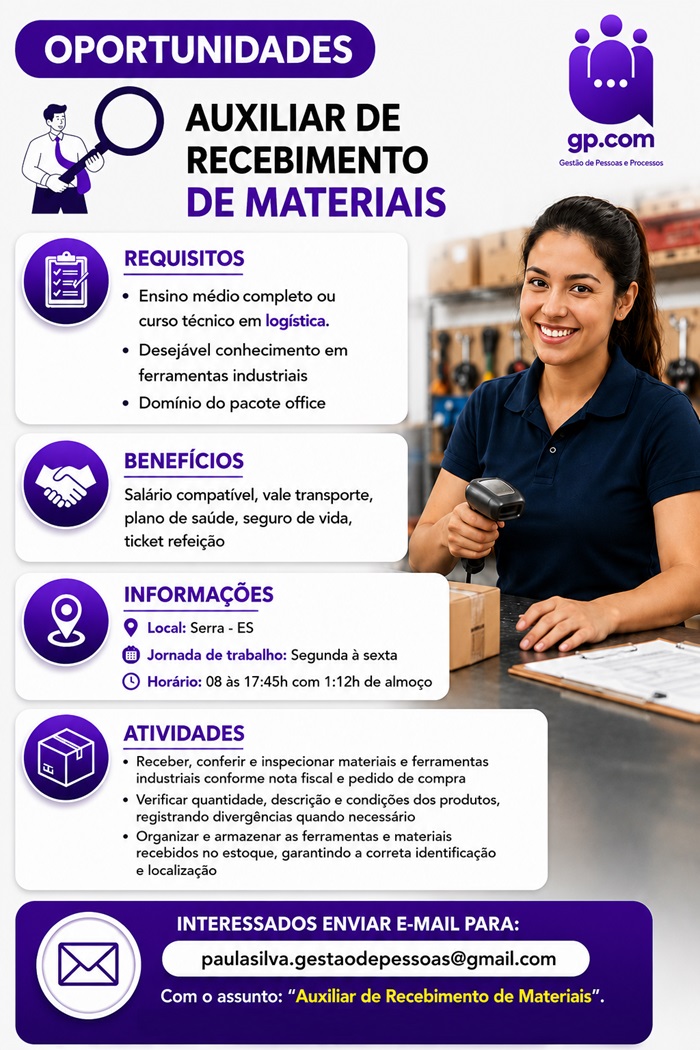 Vaga para Auxiliar de Recebimento de Materiais