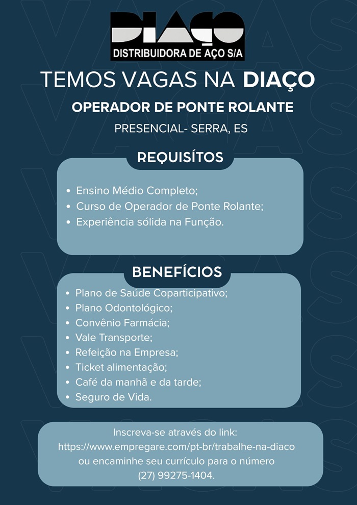 DIAÇO contrata Operador de Ponte Rolante