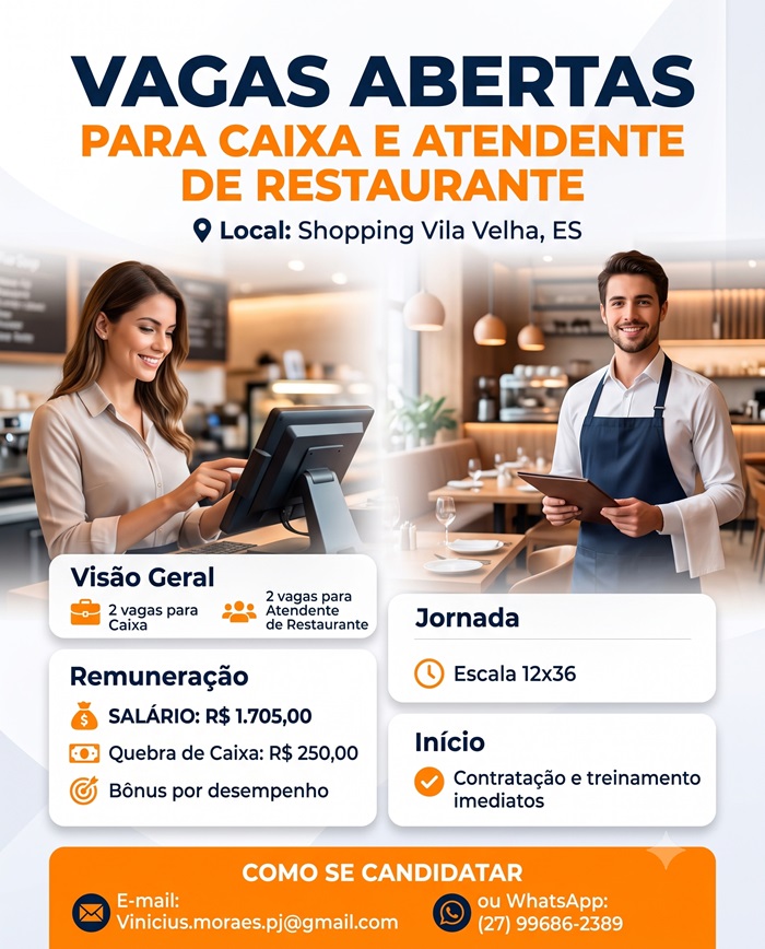 Vagas para Caixa e Atendente de Restaurante