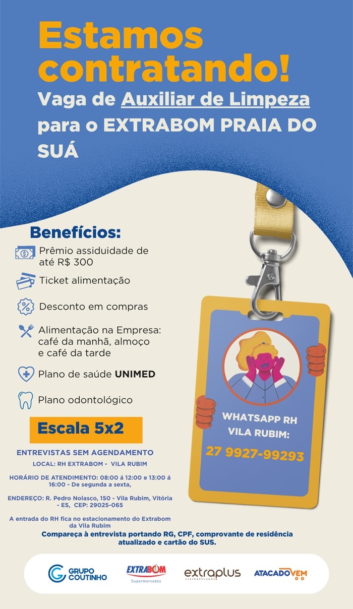 Vaga de Auxiliar de Limpeza para o EXTRABOM PRAIA DO SUÁ