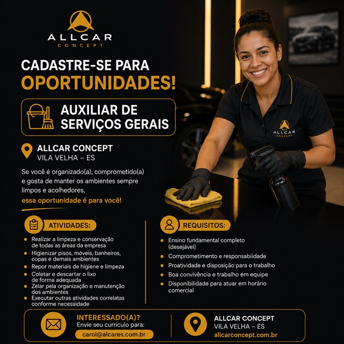 Auxiliar de Serviços Gerais - Allcar Concept - Itapuã - Vila Velha/ES