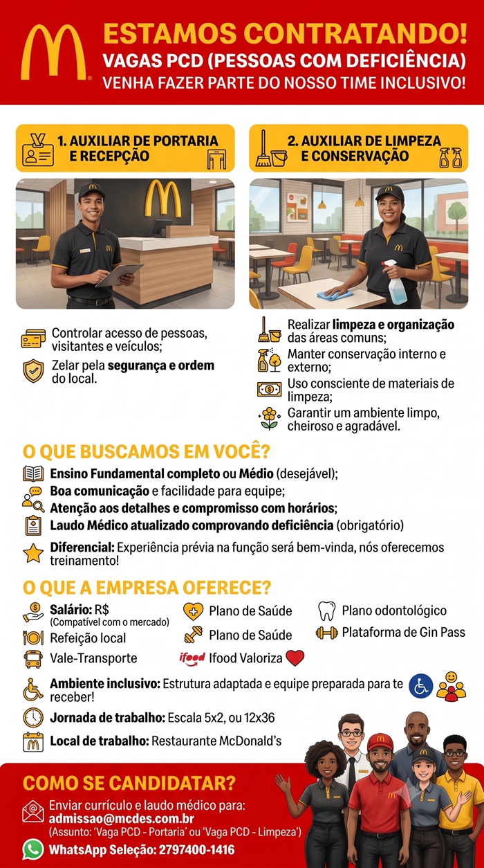 McDonald's contrata PCDs: Auxiliar de Portaria e Recepção / Auxiliar de Limpeza e Conservação