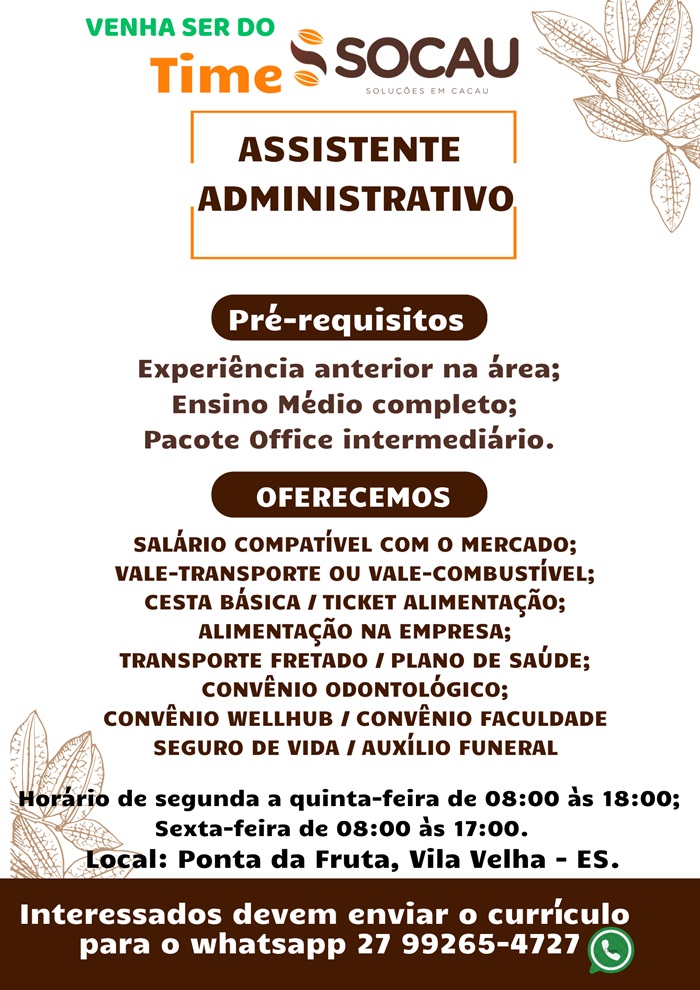 Socau contrata Assistente Administrativo