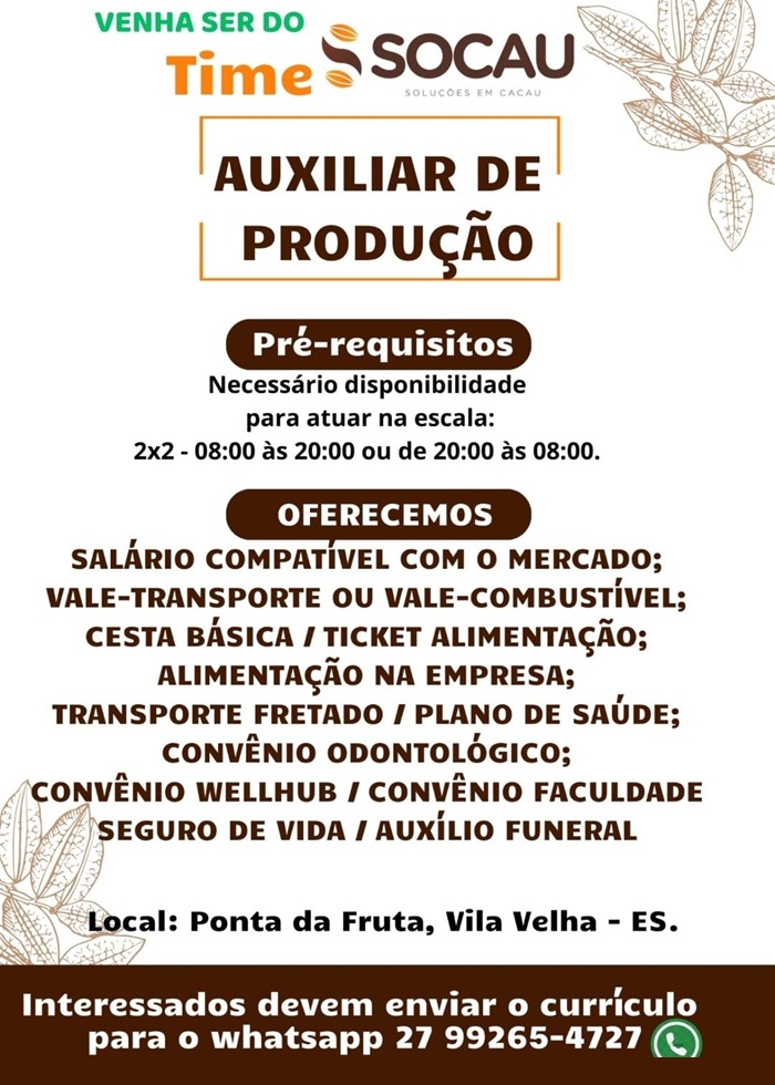 Socau contrata Auxiliar de Produção