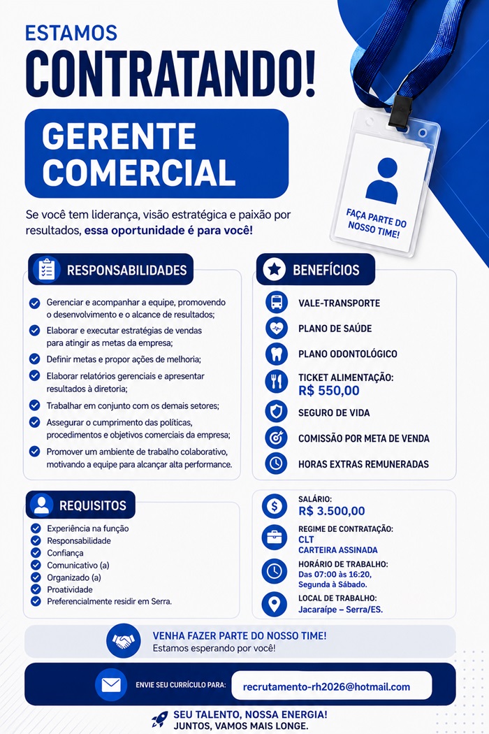 VAGA DE GERENTE COMERCIAL