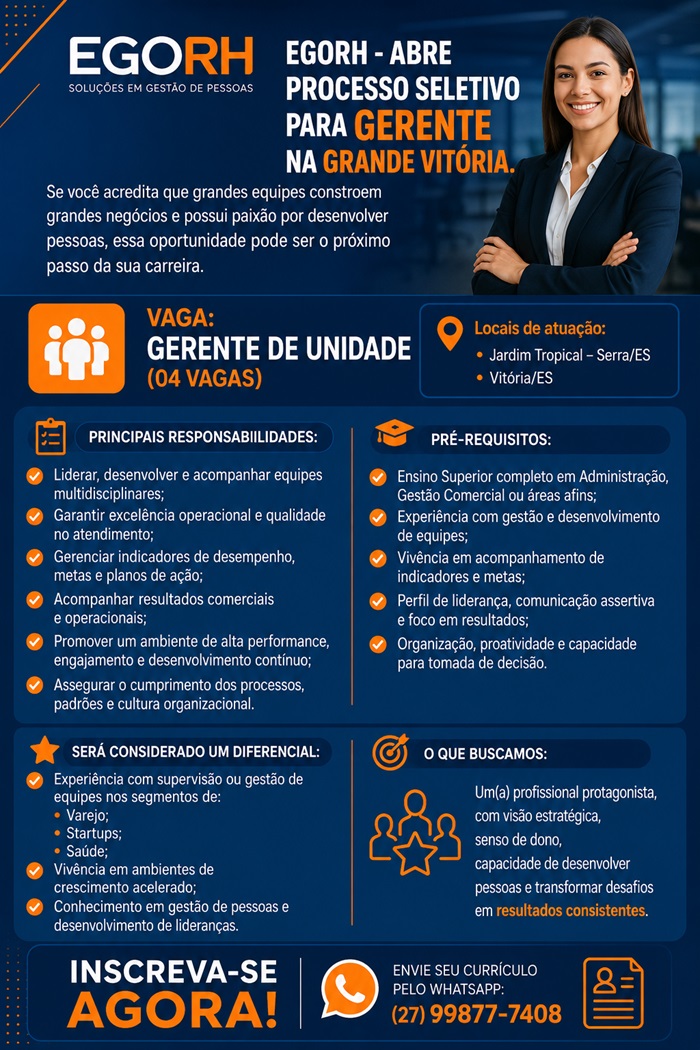 VAGAS PARA GERENTE DE UNIDADE (04 VAGAS)