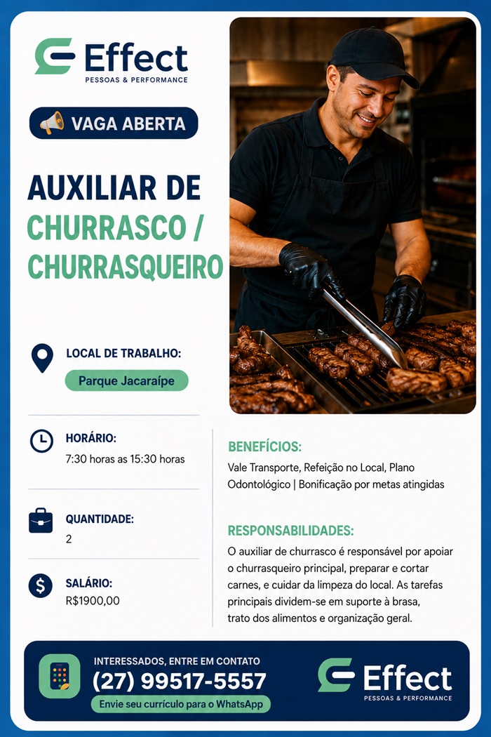 VAGAS PARA AUXILIAR DE CHURRASCO / CHURRASQUEIRO