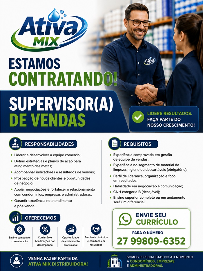Vaga para Supervisor(a) de Vendas (Ativa MIX)