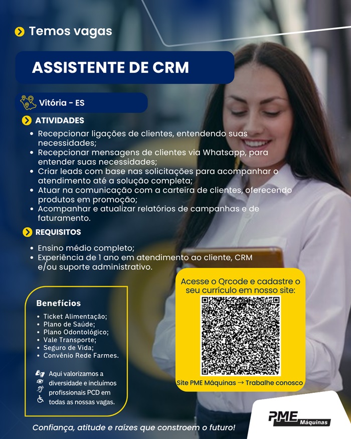 PME Máquinas contrata Assistente de CRM