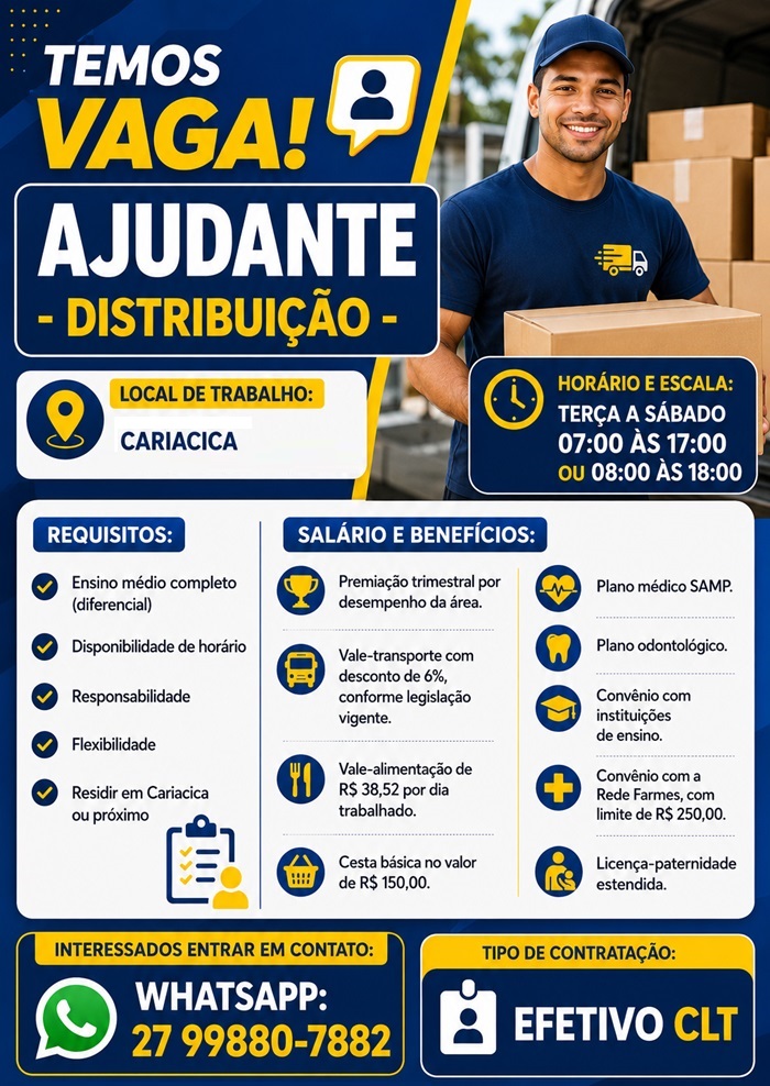 VAGA PARA AJUDANTE - DISTRIBUIÇÃO
