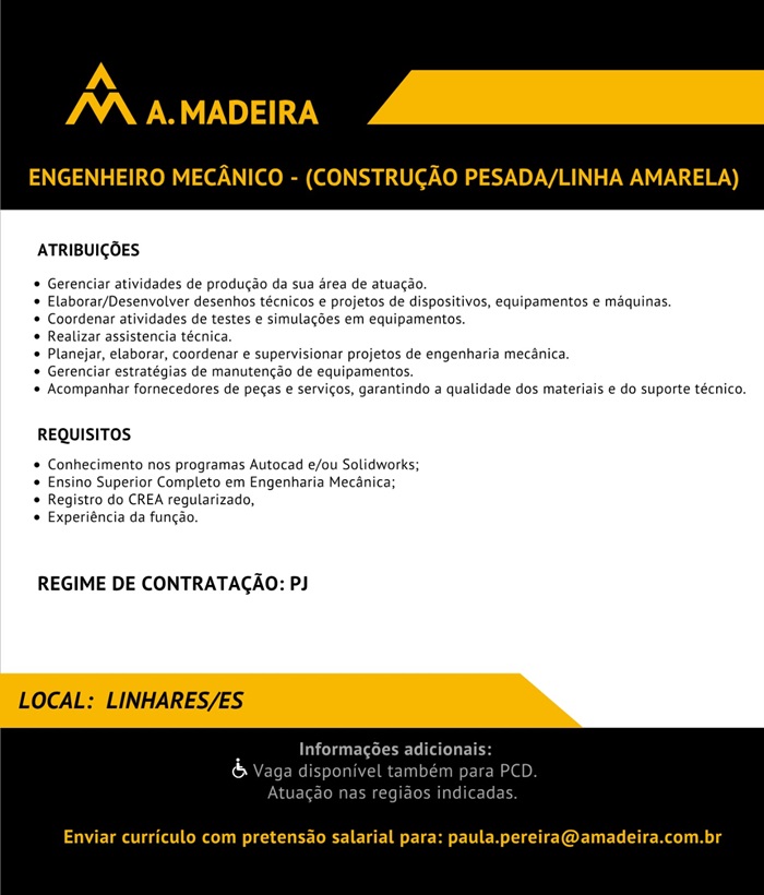 A. Madeira contrata Engenheiro Mecânico - (Construção Pesada/Linha Amarela)